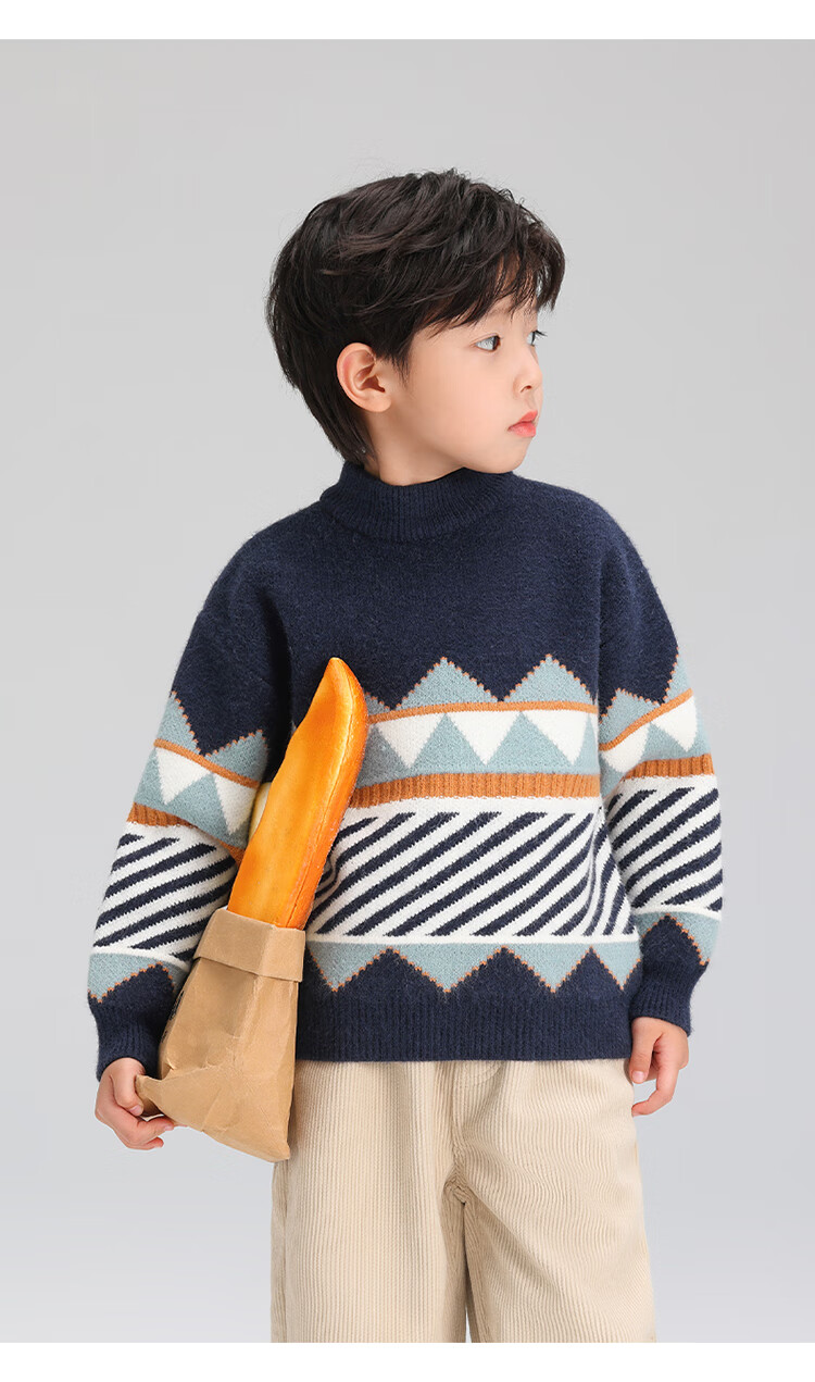 Zuoxi Boys' Sweater, Children's Thickened Autumn And Winter 2025 New Style, Boys' Knitted Sweater, Winter Pullover, Navy Blue, Size 160 16