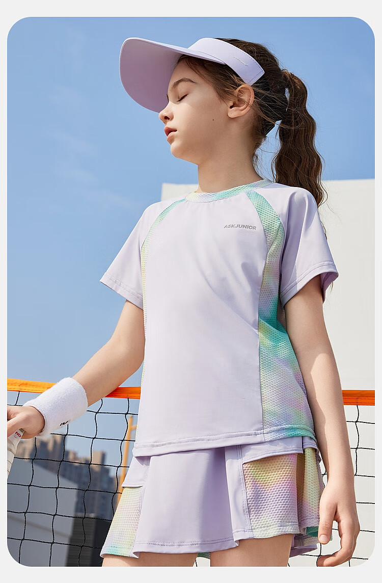 ASK JUNIOR Girls' Sports Set, Summer New Style, Lightweight Breathable Quick-Dry Short-Sleeve Top + Skirt, Ice-Cool Two-Piece Tennis Outfit 3