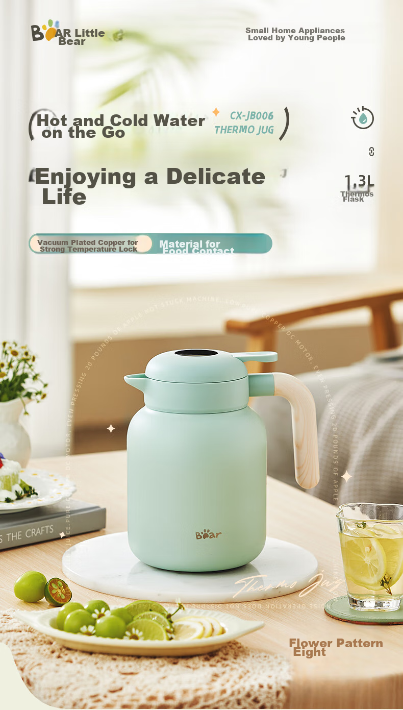 Bear Insulated Bottle with Seamless Inner Liner, 316L Stainless Steel, Household Thermos for Hot Water, Large Capacity, Hot Water Bottle, 2L, Beige 2