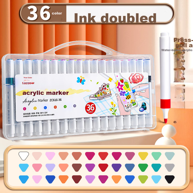 TRUECOLOR 36-Color Acrylic Markers Single-Tip Quick-Drying Waterproof Kindergarten Elementary School Children's Special Non-Translucent Stackable Hand-Drawn Guka Graffiti DIY Painting Brushes 616 Watercolor Pens