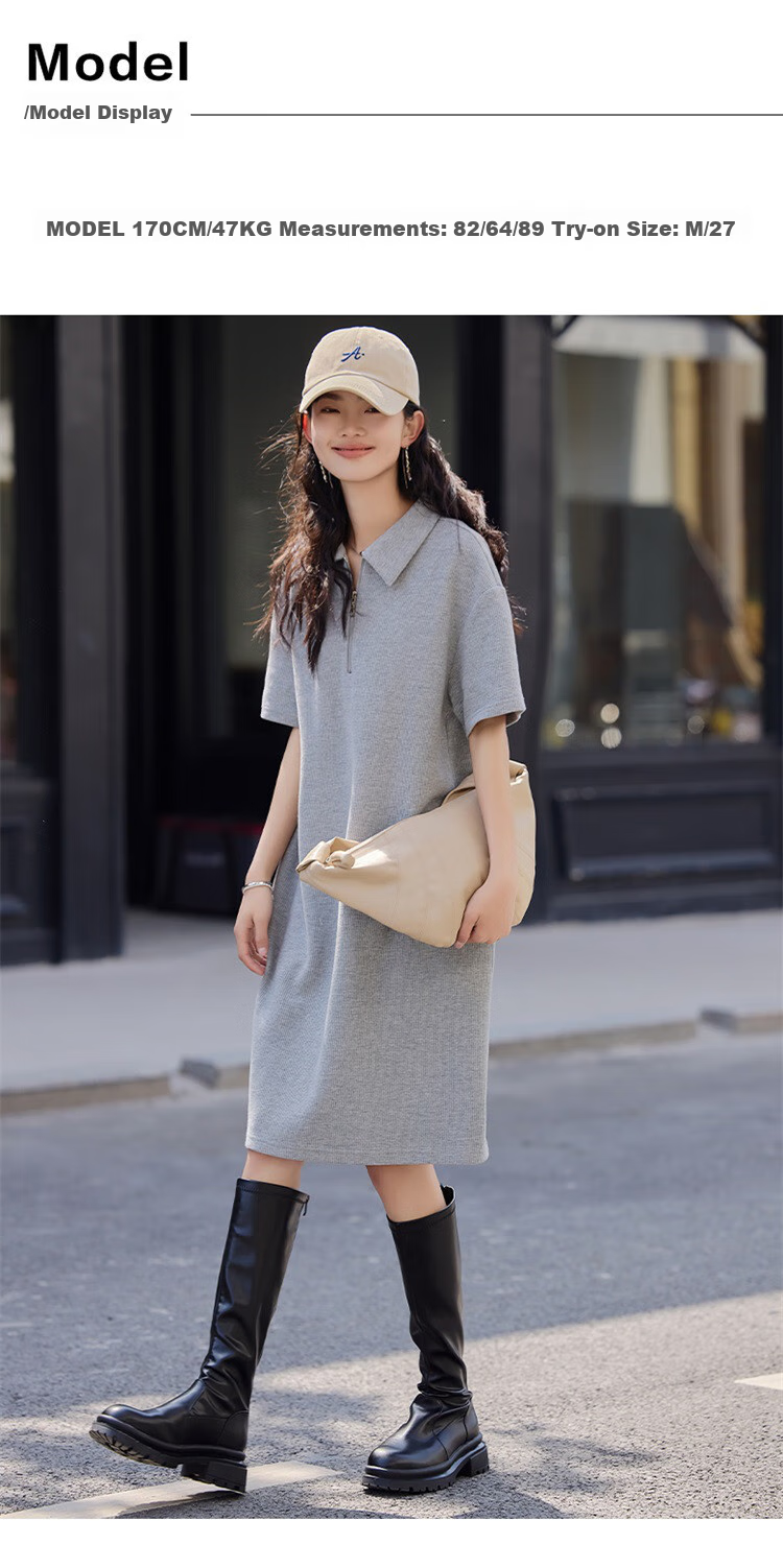 Dme [Waffle Skirt] Summer Polo Collar Zipper Short-Sleeve Waffle Dress 8