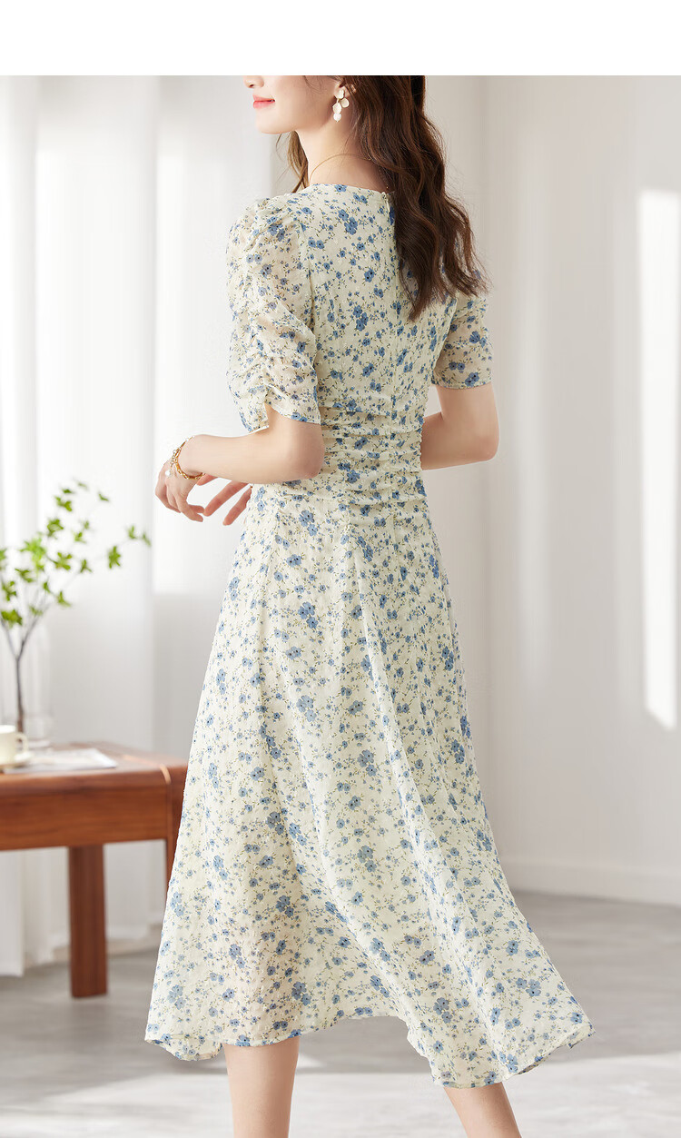 Sentubila Summer French Floral Print Dress, Puff Sleeve Tea Break Dress, Elegant Goddess Style Skirt, Apricot Base with Blue Flowers, M Size 13