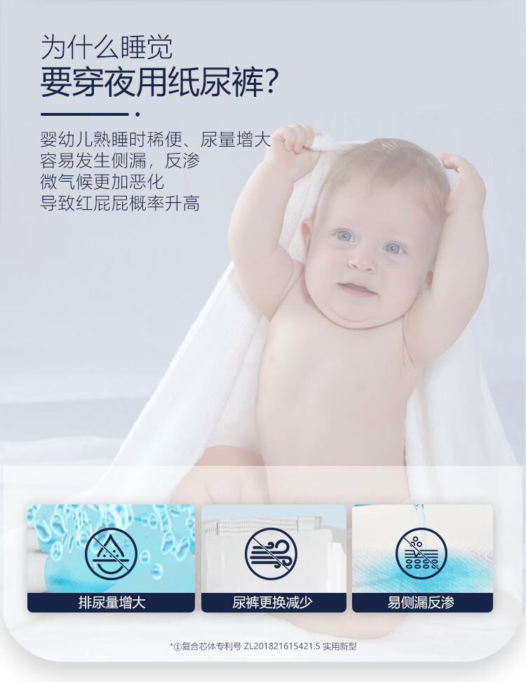 88808-露安适(lelch)婴儿纸尿裤干爽透气尿不湿 日用/夜用新生儿小包装多包装 多尺码可选 夜用-NB码30片*3包-详情图