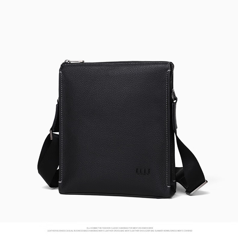 ELLE HOMME Men's Business Shoulder Bag, Fashionable Top-Grain Leather Crossbody Bag with Large Capacity, Lychee Pattern Men's Bag EA088204740 Black Birthday Gift for Boyfriend 6