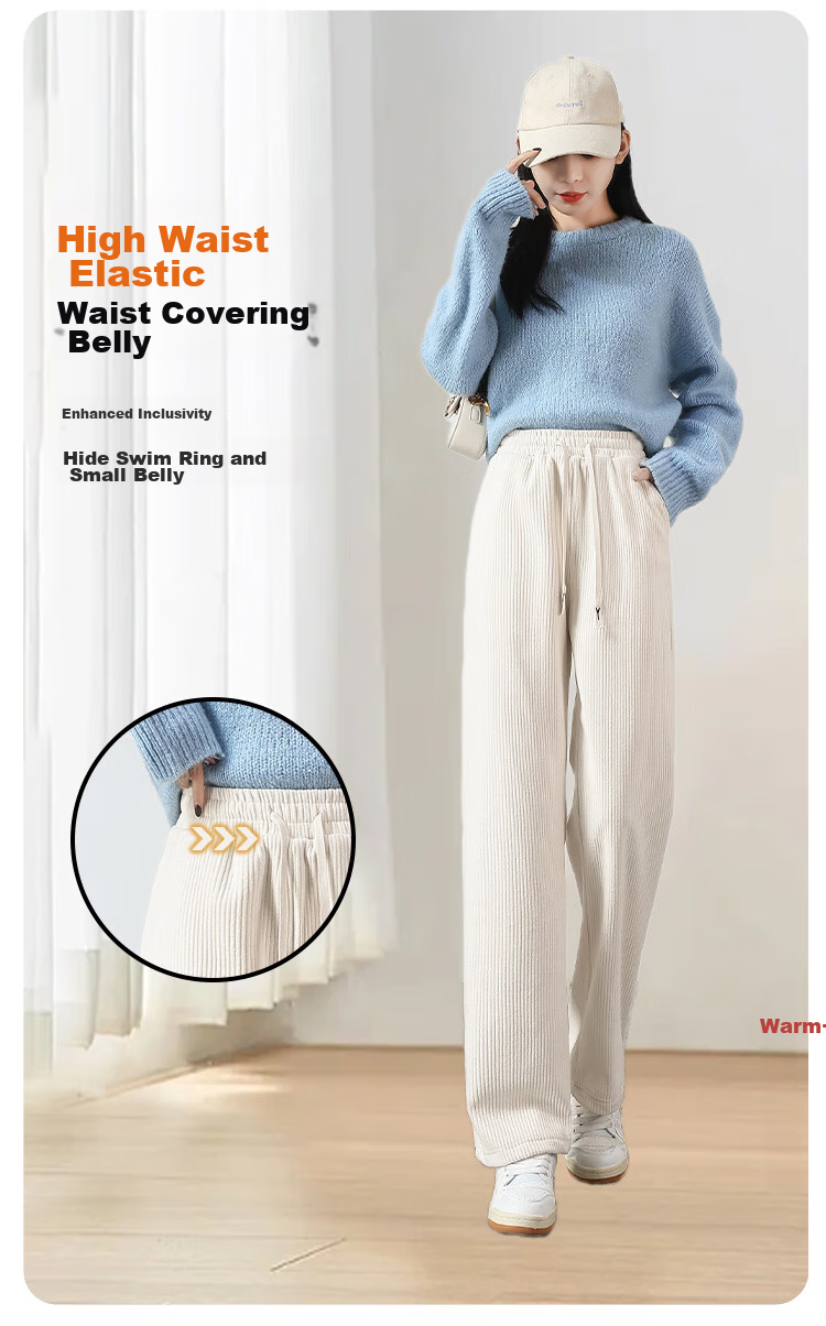 FitonTon Corduroy Wide-Leg Pants for Women, Spring And Autumn 2026, High-Waisted Slimming Draping Loose Straight-Leg Casual Ladies Trousers 10