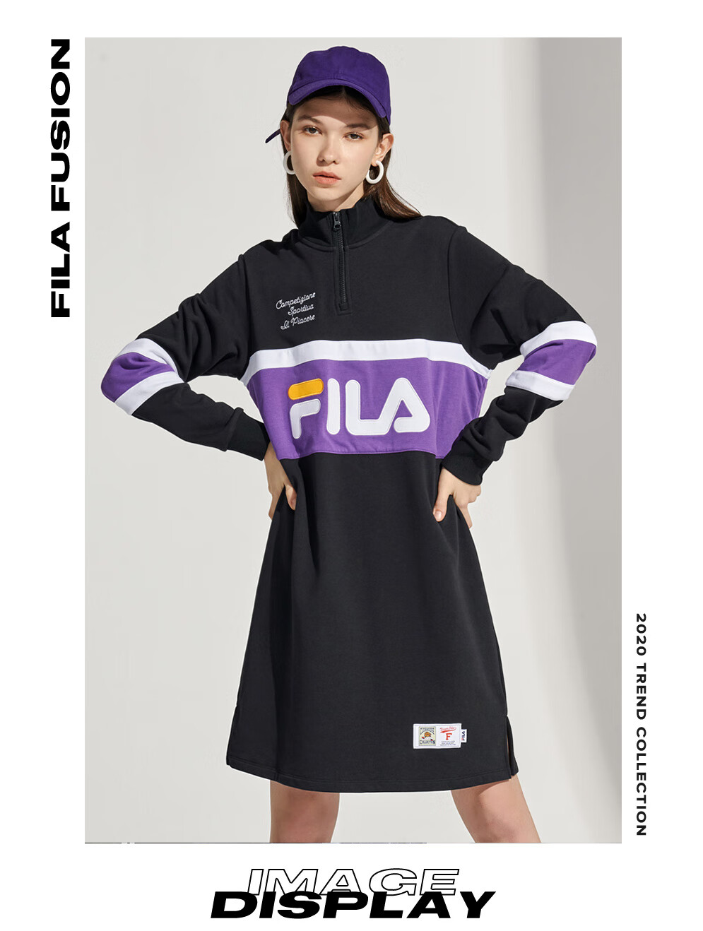 fila fusion斐乐长款卫衣女子2021春季新款休闲套头衫宽松版型 深黑