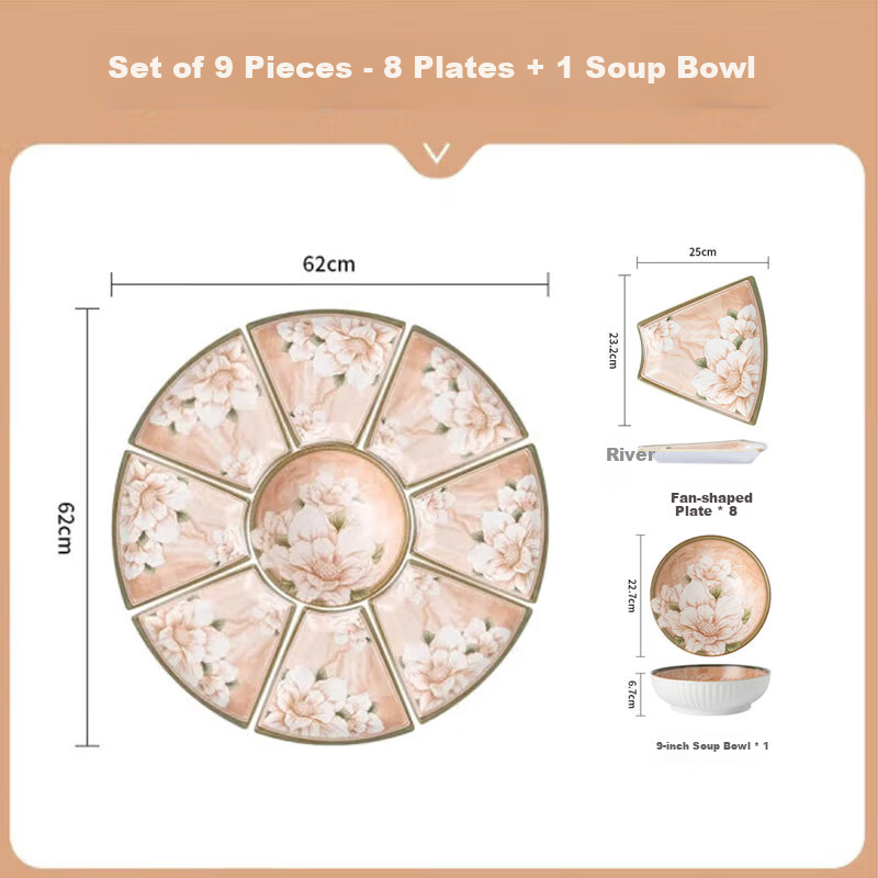 CERAMICS Family Reunion Plate Set, Round Table Plates, Home Dining Utensils, Complete Set of Plates, 9-Piece Camellia Gift Box Set for Mid-Autumn Festival