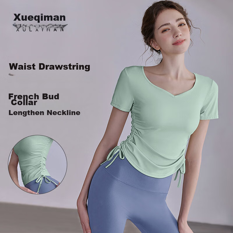 XUEXIMAN Yoga Top Short Sleeve Women's High Elasticity Pleated Slimming Pilates Sports Quick-Dry T-Shirt Fitness Wear Summer