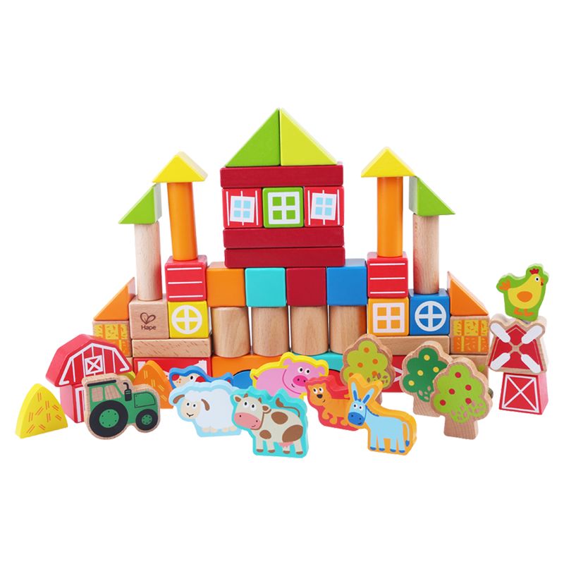 Hape (Germany), Children's Building Blocks Toy, Free Assembly, Farm Town Scene Building Blocks, Birthday Gift, E8345