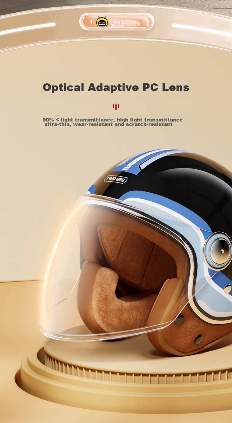 TWOBEE New National Standard 3C Certified Men's And Women's Autumn And Winter High-Definition Transparent Lens Electric Motorcycle Safety Helmet 3/4 Face Shield TK06 Glossy Black with Blue Stripes 5