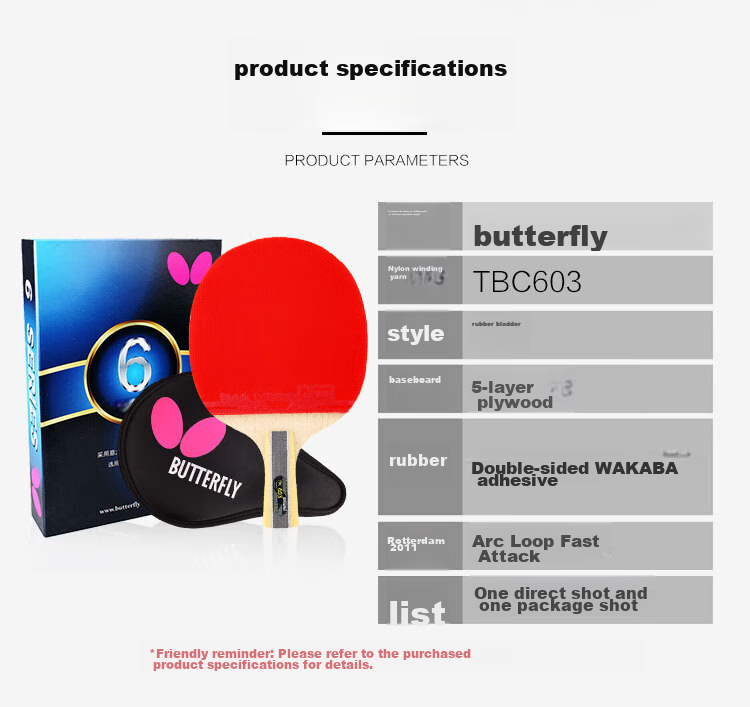 BUTTERFLY 6-Star Table Tennis Paddle, Double-Sided Reverse Rubber, Professional Competition Racket, Single Paddle 603-Straight Handle, Includes Paddle Case 2