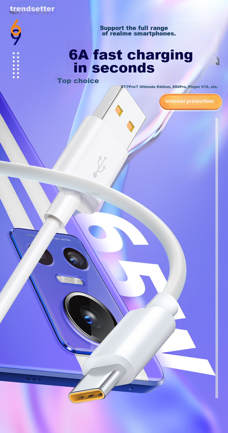 Trendsetter Compatible with Realme Data Cable, 65W Fast Charging, Suitable for GT2 Pro/Neo, Flash Speed/2T/Q3S/Q2/Explore X50/70/V13/15/X2, Quick Charging Cable 1