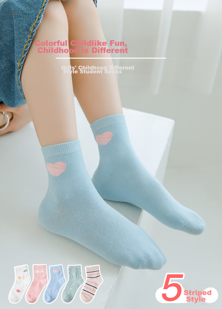 LangSha Children's Socks, Girls' Socks, All-Season Mid-Calf Cotton Socks, for Older Children And Students, Short Casual Sports Socks, 5 Pairs Per Pack 1