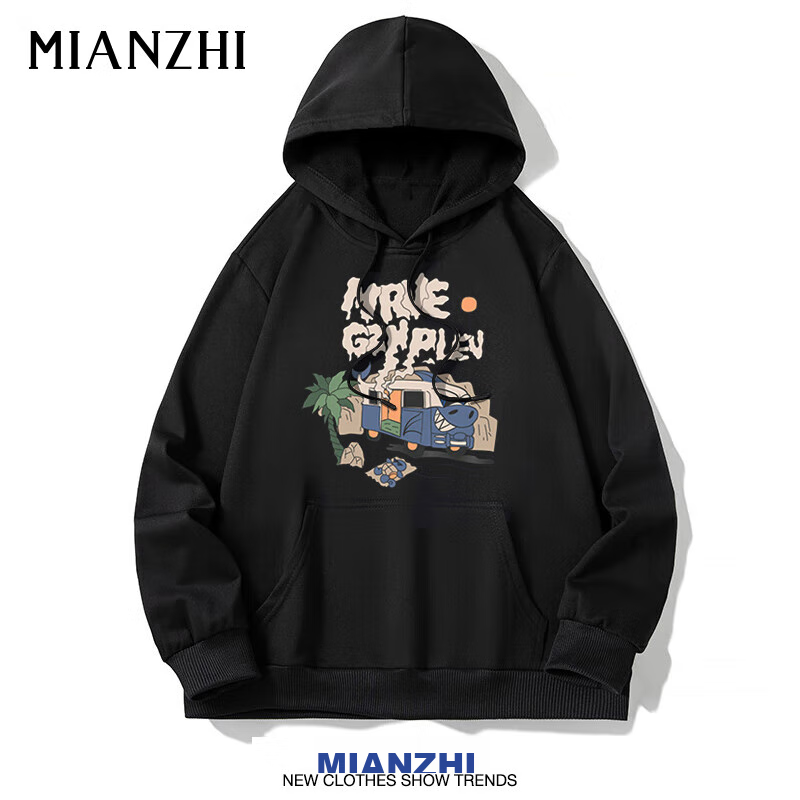 Mianzhi National Trend Brand Hoodie for Men, Trendy Versatile Round Neck Loose Casual Sweatshirt Jacket for Men, Black, XL