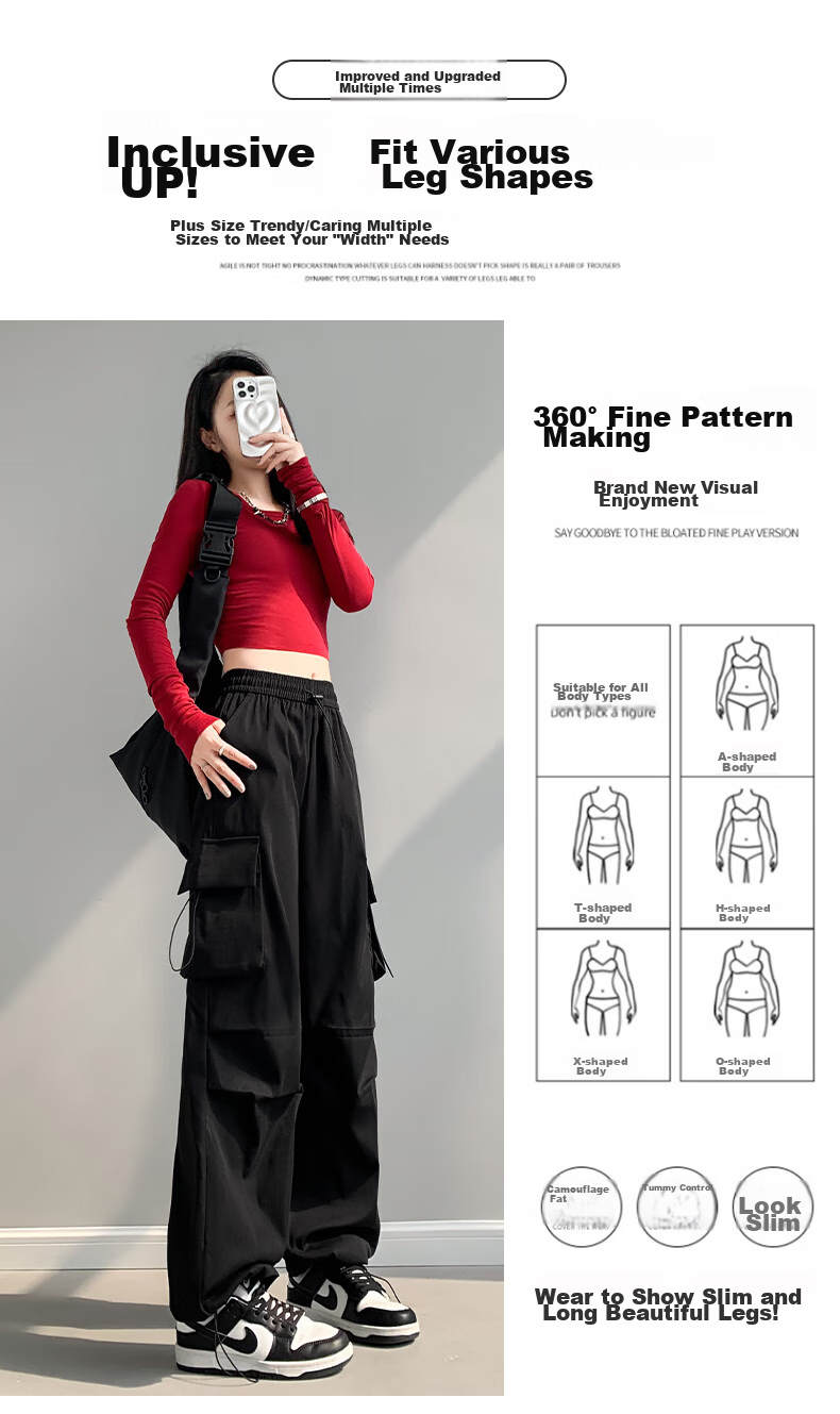 LangSha American-Style Parachute Cargo Pants for Women, Summer Ice Silk High-Waist Wide-Leg Loose Casual Quick-Dry Outdoor Sports Pants 9