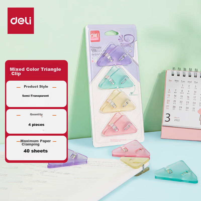 Deli 4 Semi-Transparent Triangle Clips, Student Document File Storage, Anti-Curling Edge Protection Ticket Holder, 40-Page Small Corner Clips Office Supplies, 4 Pieces/card Mixed Colors QJ8530
