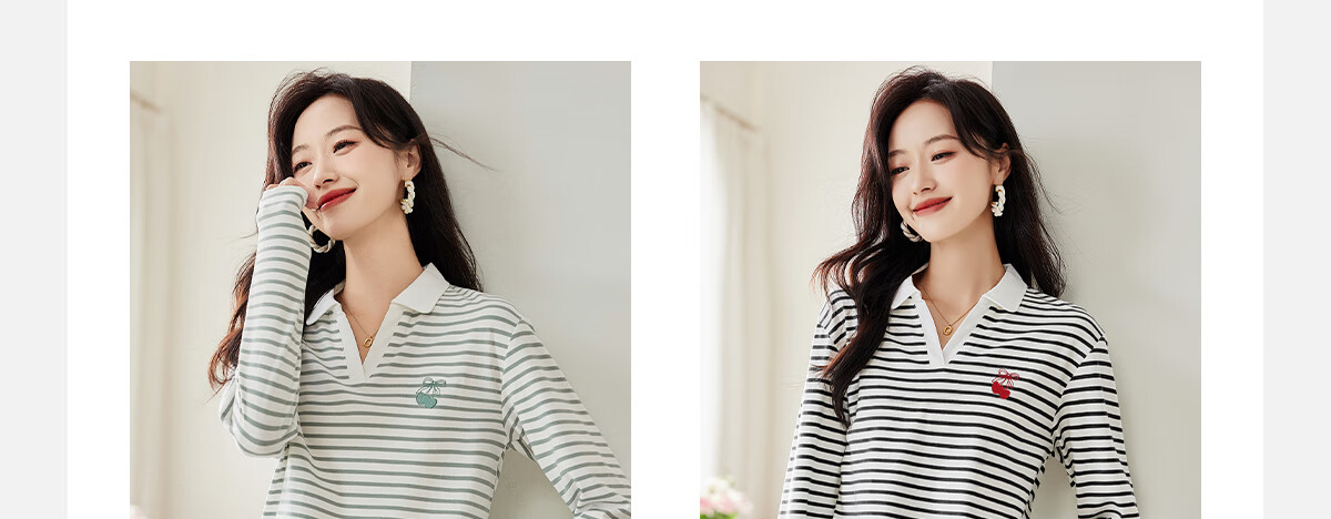 PinCai Women's Summer Short Sleeve V-Neck Polo Shirt Striped Letter Cherry Fashion Base Top P143T1550 19