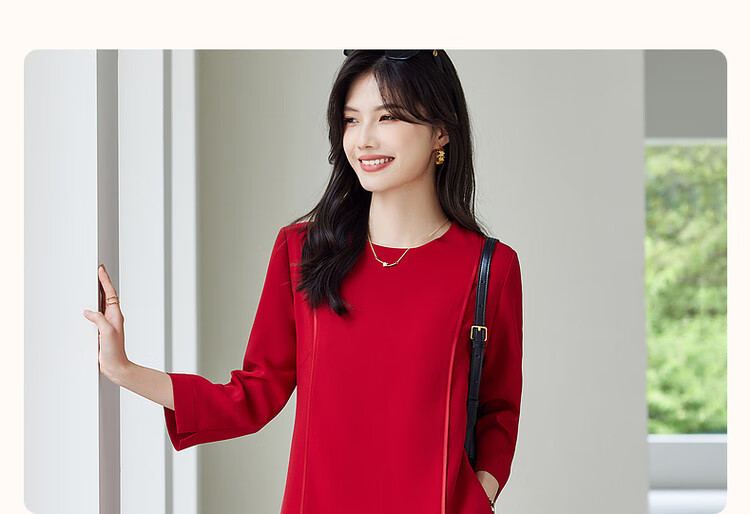 Dme [Modern Women] Spring And Autumn Commuter Round Neck Slim-Fit Three-Quarter Sleeve Elegant Midi Dress for Wome 4
