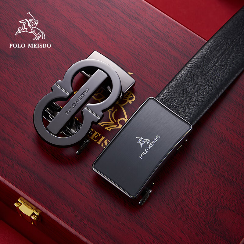POLOMEISDO Men's Genuine Leather Belt with Automatic Buckle, Double-Buckle Gift Box, Self-Operated Birthday Present for Boyfriend, Husband, Father