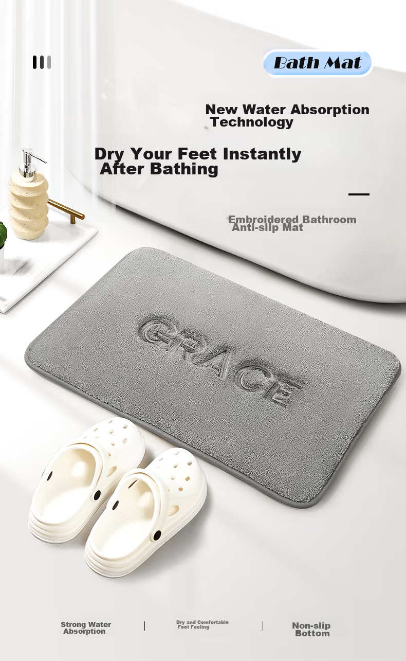 Grace Bathroom Mat, Non-Slip Absorbent Memory Foam Bath Mat, Foot Pad 40x60cm, Premium Gray 1