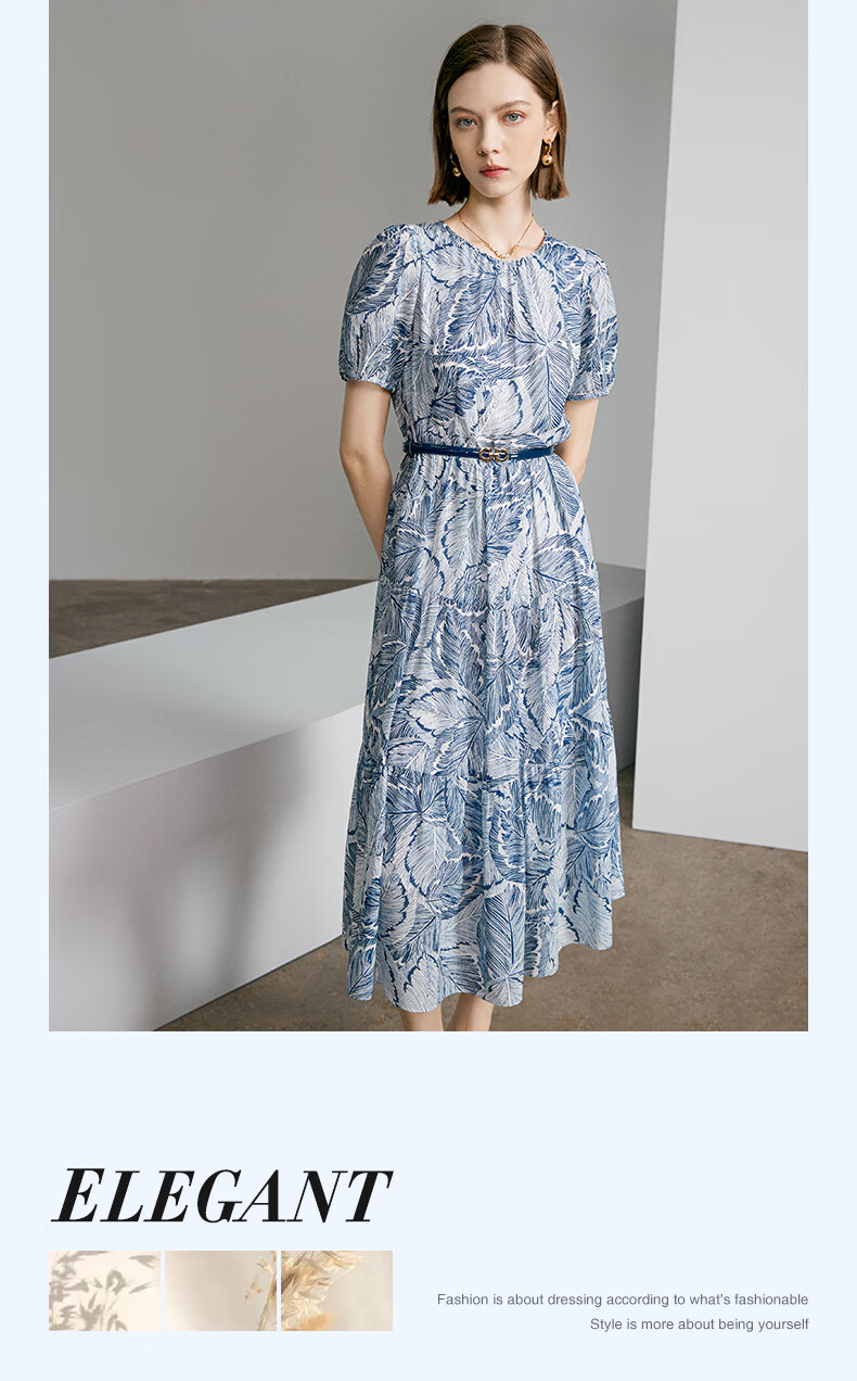 Yanyu Printed Short Sleeve Dress Women's 2026 Summer Retro Commuter Mid-Length Round Neck Dress Blue Floral S 3