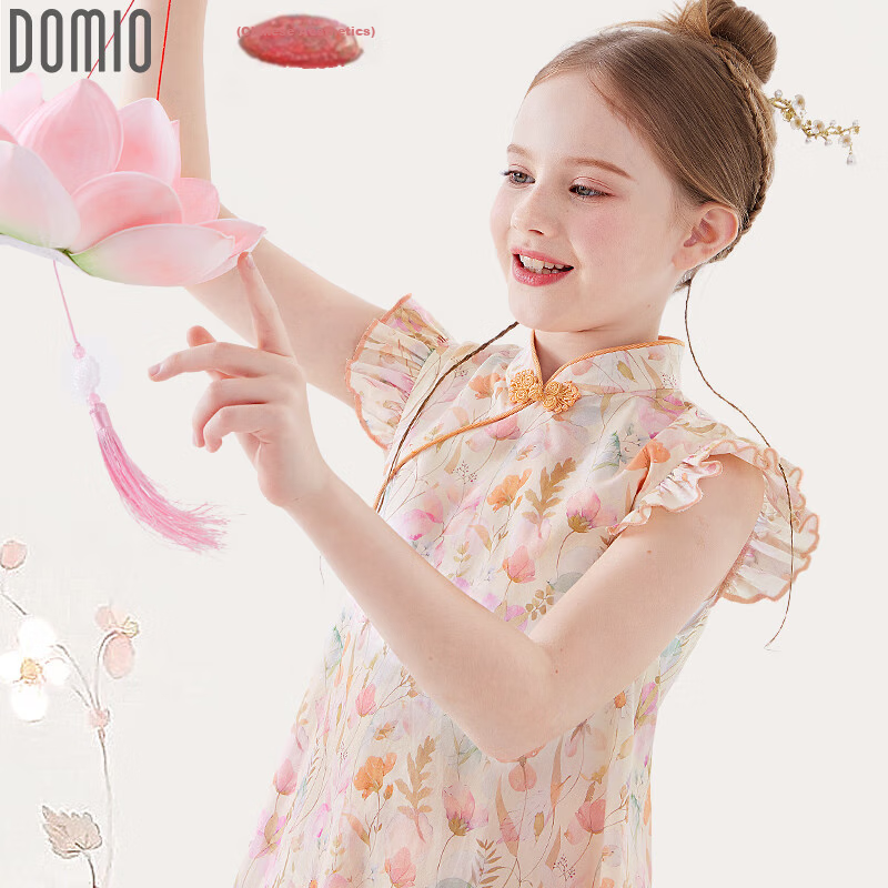 Duomiaowu Girls' Cotton Dress, Summer Children's New Chinese-Style Qipao Skirt, Big Kids' National Style Dress, W011 Pink Orange, Size 170