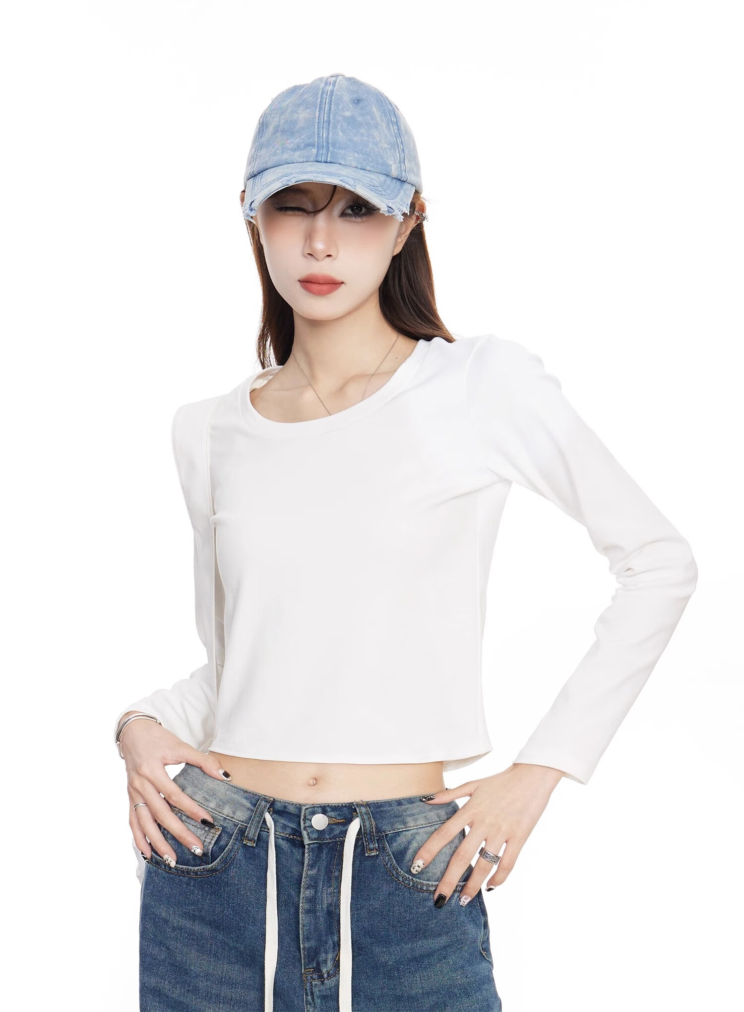 NOME Long-Sleeve T-Shirt for Women, New Early Autumn Style, Hot Girl Inner Wear, Short High-Waist Top, White, XL 10