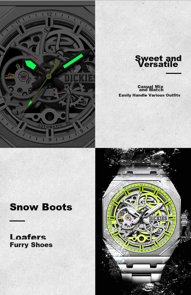 Dickies Men's Mechanical Skeleton Watch with Luminous Hands, Fashionable Mechanical Timepiece Gift, New Model CL-549 for 2026, Gree 11