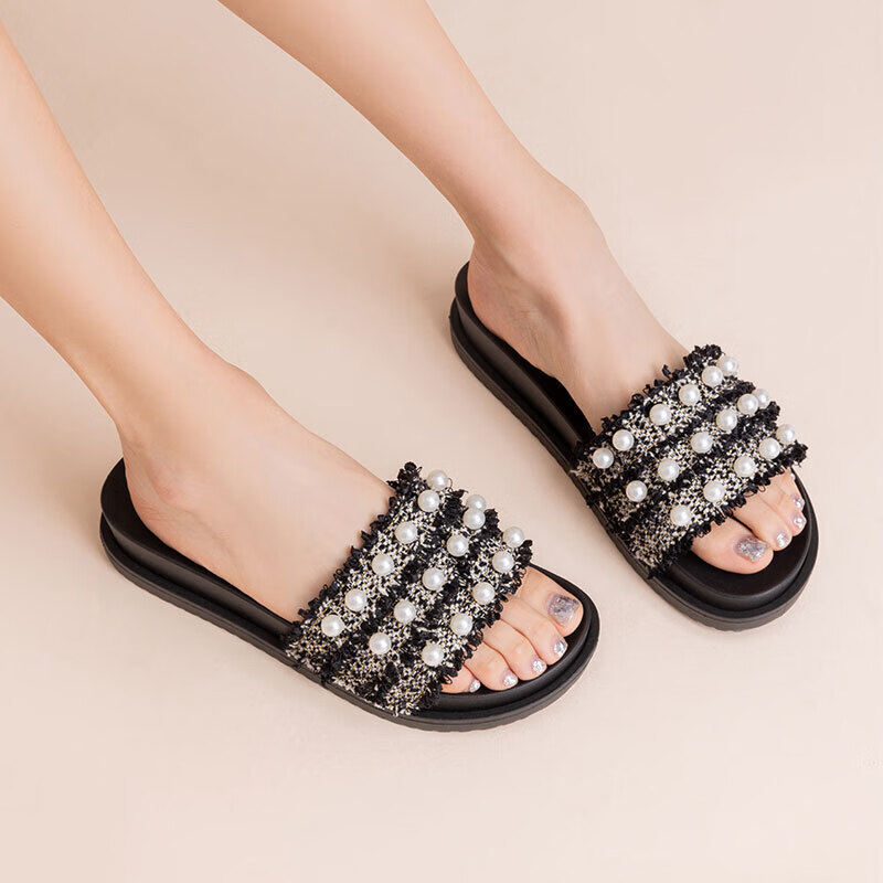 Aokang Women's Pearl Sandals, Outdoor Slippers, Trendy Fairy Style Thick-Soled Slippers, 1249201016, Black, Size 35
