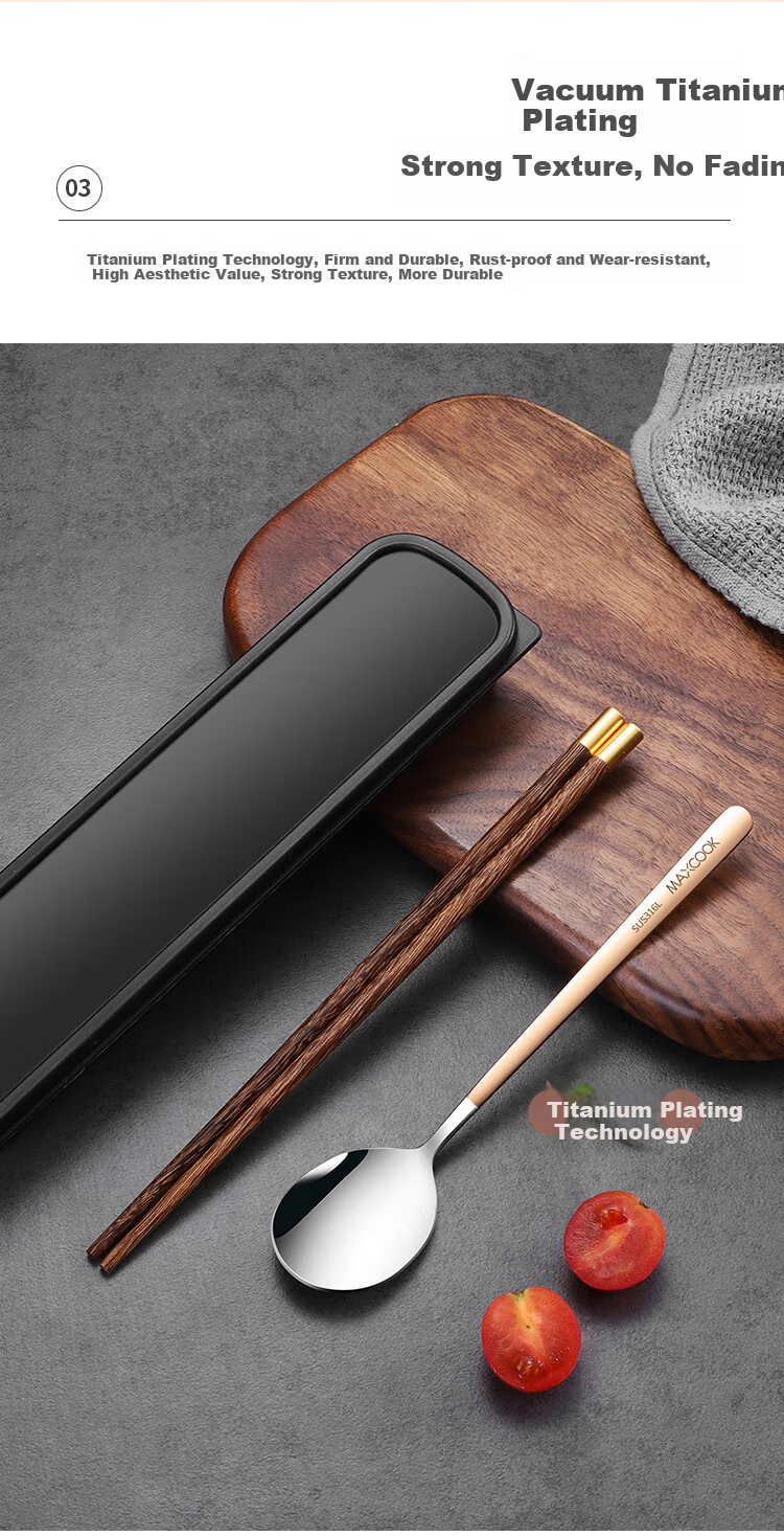 MAXCOOK 316L Stainless Steel Spoon Wooden Chopsticks Tableware Set, Chicken Wing Wood Portable Chopsticks Spoon Three-Piece Set MCK5596 4