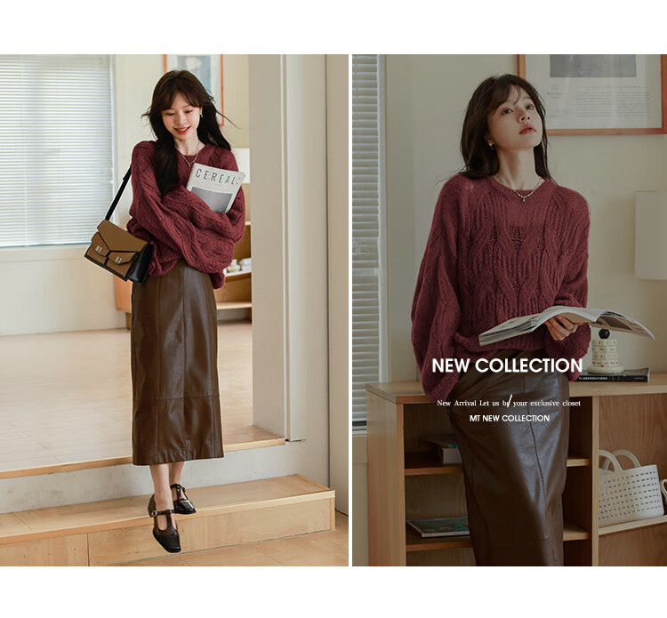 Mt [Relaxed Grass Green] Autumn Simple Round Neck, Jacquard Loose Long-Sleeve Pullover Sweater 9