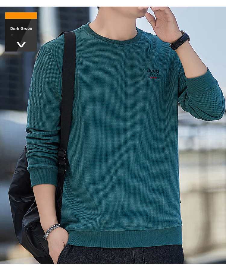 JEEP SPIRIT Men's Sweatshirt, Autumn Round Neck Long Sleeve T-Shirt, Loose Waffle Knit Base Layer, Black, M 20