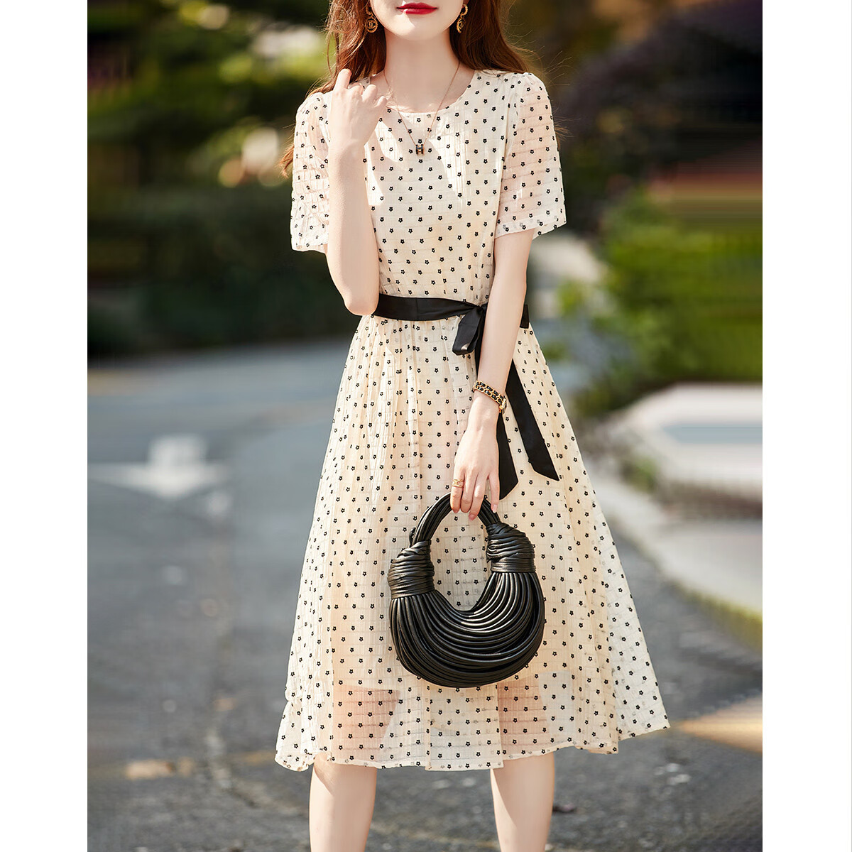 Dme [Puff Sleeve] Summer Flocked Floral Loose Dress for Wome