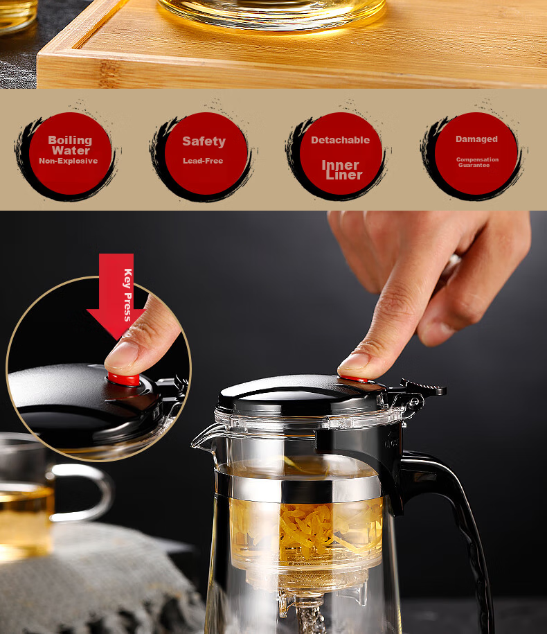 Ranye Glass Teapot with Heat-Resistant Cup, Press-Type Tea Infuser with Separate Compartments, 1000ml Simple Filter Tea Pot SY1000 2