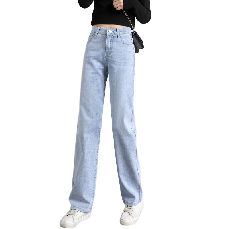 Jeanswest Women's Jeans, Summer Loose Wide-Leg Pants, Trendy Korean Style, Petite Straight-Leg Trousers, Simple Light Blue, Size L