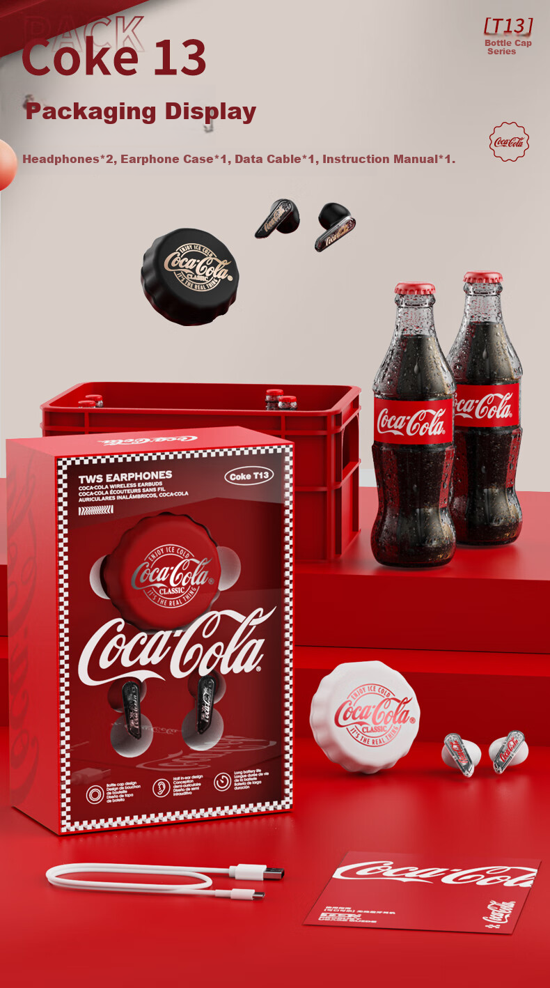 Coca-Cola T13 Bottle Cap Bluetooth Earphones, Semi-In True Wireless Headphones, Gaming E-Sports Music Sports Earphones, ENC Calling Noise Reduction Long Battery Life, 2026 New Model, Gift for Men And Women Students 8