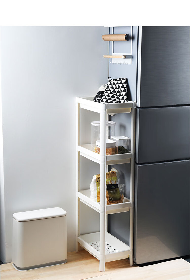Youjialiangpin Bathroom Storage Rack, Floor-Standing, No Drilling Required, Four-Tier with Hanging Basket, White Plastic Storage Shelf 10