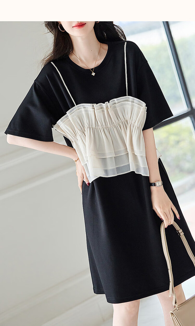 Dme [Light French Style Guide] Summer Round Neck Flowy Mesh Spliced Knit Gentle Knit Dress, Mid-Length for Wome 12