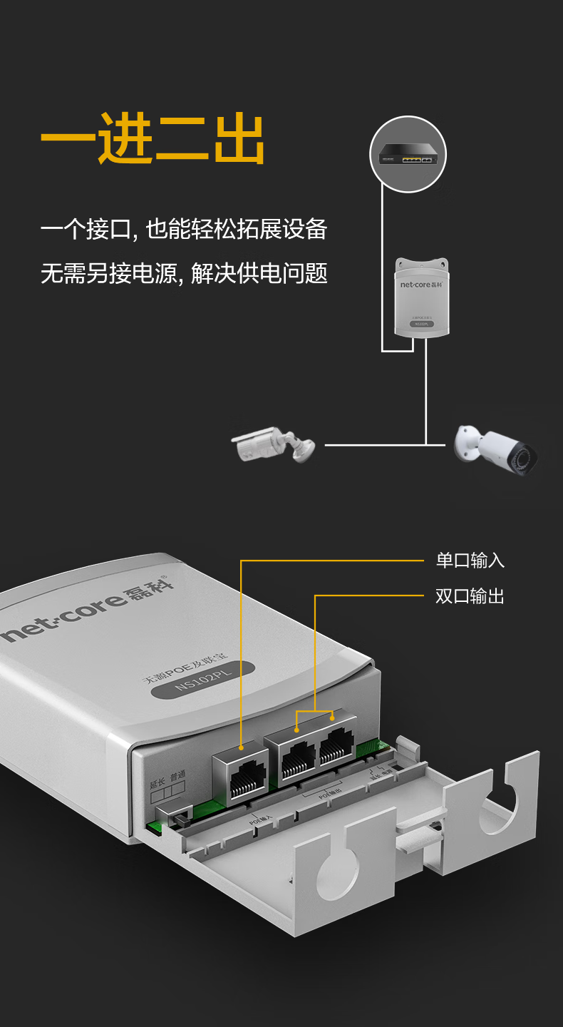 Netcore NS102PL Passive POE Daisy Chain, Network Cable Extender, Compatible with National Standard POE Switches, Camera PoE Power Supply Repeater, One Input Two Outputs, No Power Required 4