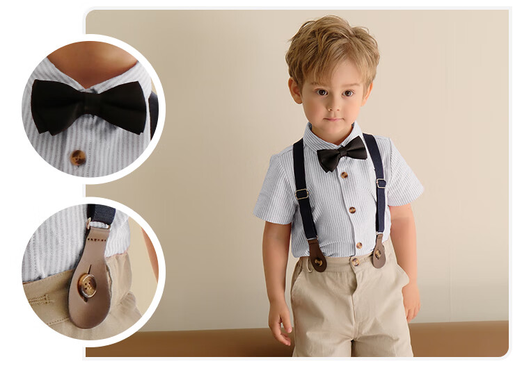 LUOBOBEIBEI Boys' Formal Wear Spring And Summer British Striped Suspender Shorts Shirt Set, Green Long-Sleeve Four-Piece Set, Size 130 9