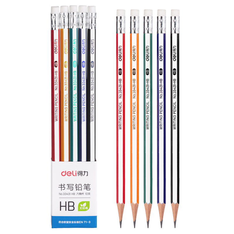 Deli 10-Pack HB Pencils Classic Colorful Striped Hexagonal Pencils with Eraser Tips Student Writing Sketching Drawing Pencils 33431-HB School Stationery