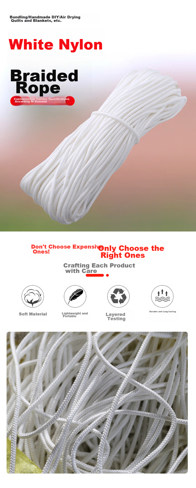 Andatong Nylon Rope, Strong And Durable Binding Rope, Outdoor Packing Line, Anti-Aging Braided Nylon Rope for Garages And Clotheslines, White 50*6mm 1