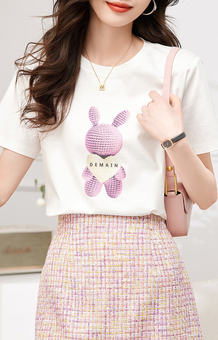 Dme [Fairy Tale Town], Xiayunduo Pure Cotton Rabbit Print, Rhinestone Short-Sleeve T-Shirt for Women, Comfortable And Flattering Women's Tee 10
