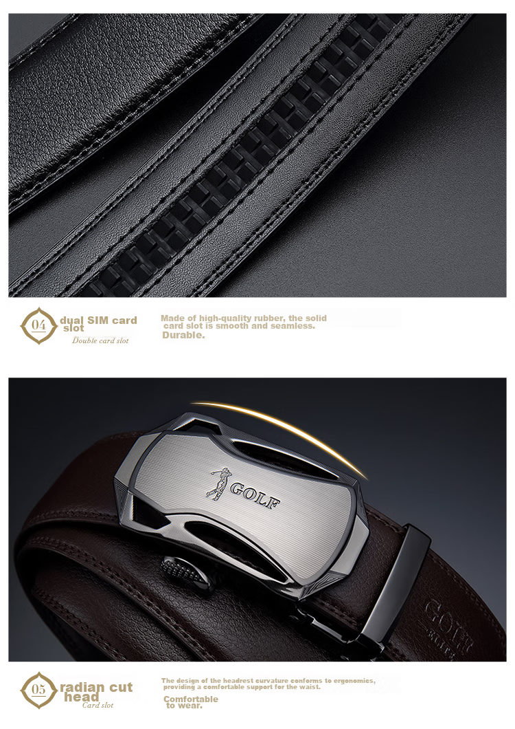 GOLF Leather Men's Belt, Durable Alloy Automatic Buckle, Jeans Waistband, Gift Box Set for Boyfriend Or Father 20