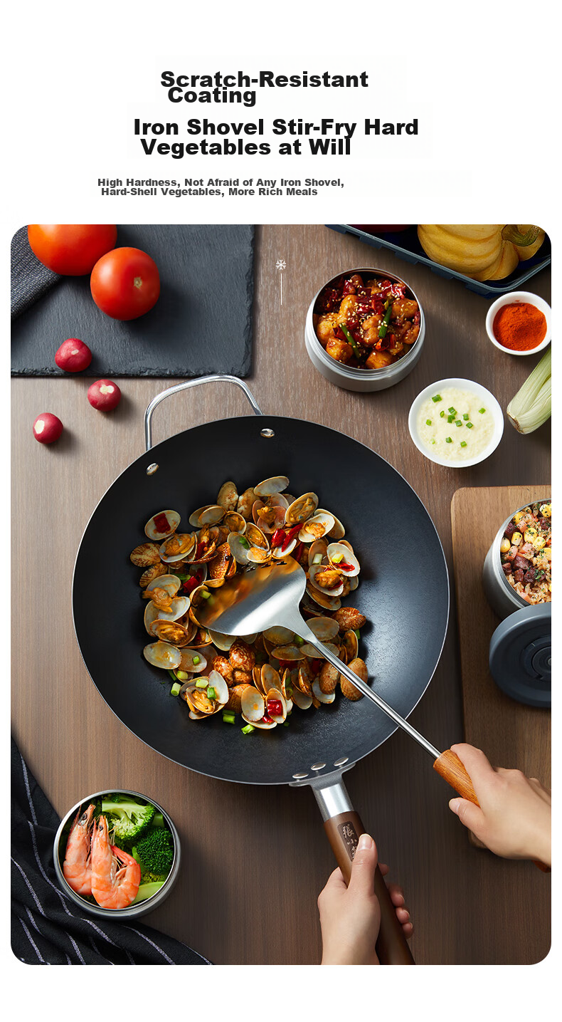 Zhangxiaoquan Snowflake Pattern Black Diamond Similar Style Non-Coated All-Purpose Anti-Scalding Wok Iron Pan 32cm with Lid 11