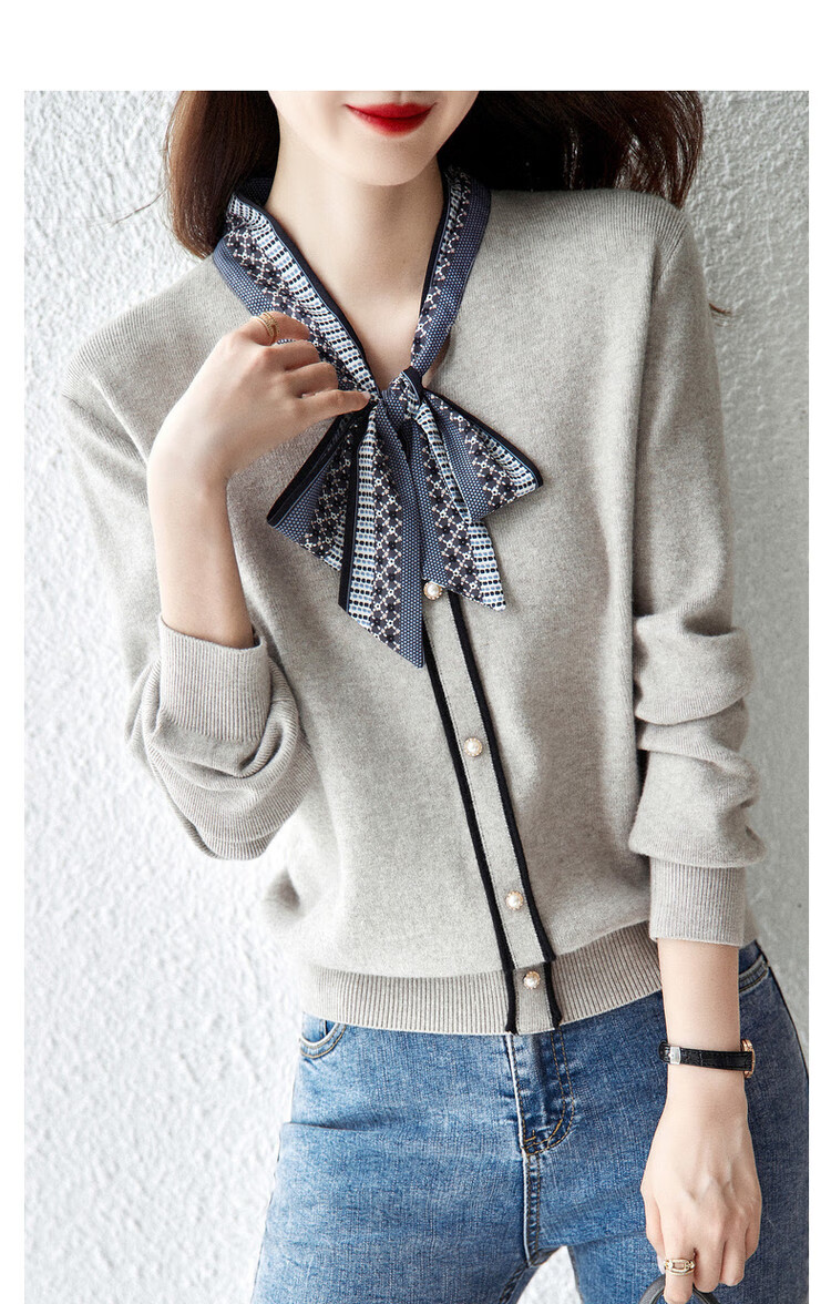 Dme [Commute] Spring And Autumn Silk Ribbon Pearl Button Decorated Cardigan, Versatile Knit Sweater for Women, Medium Gray, Size S 13