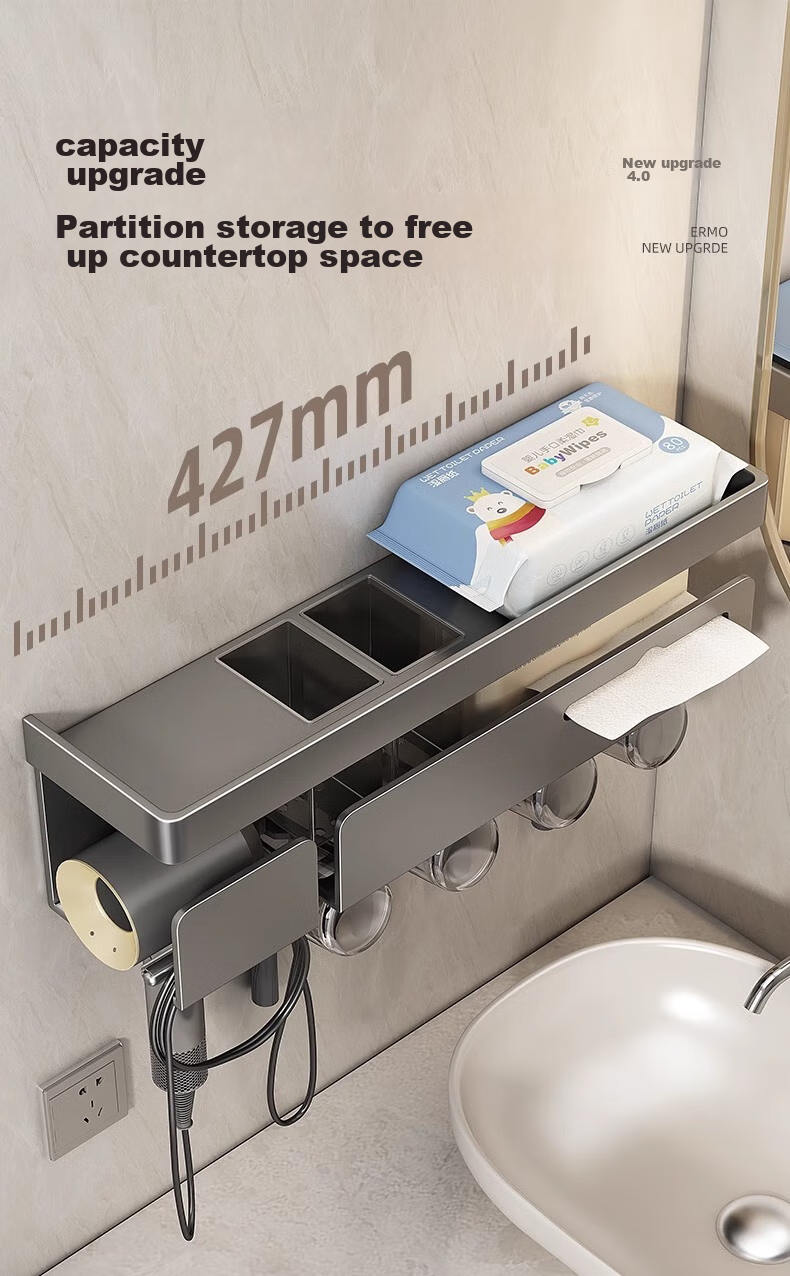 MUYA Electric Toothbrush Holder, Bathroom Storage Rack, Toilet And Bathroom Mouthwash Cup Holder, Multifunctional Hair Dryer Wall-Mounted Rack 2