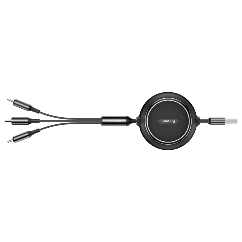BASEUS Three-In Retractable Data Cable, 3.5A One-To Apple Charging Cord, Suitable for IPhone 18/17/16/15/14/13/12, Xiaomi, Huawei Phones, Car Charger, 1.2 Meters