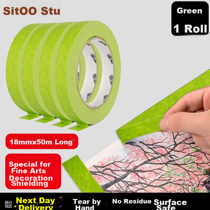 Sitoo Green Masking Tape for Decoration, Seamless Protection, Wall-Friendly, Safe Area Marking, Floor Line Positioning, Twist Tie, Green Decorative Sticker, 50m
