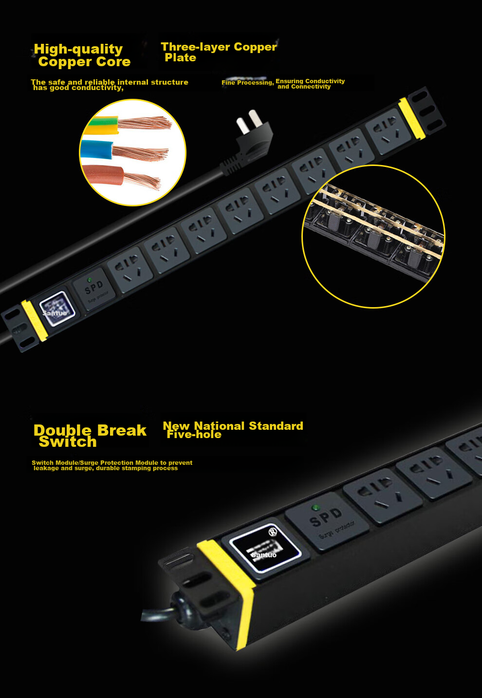 Santuo TS8108 Cabinet PDU Socket Power Strip, 10A Input, 8 Outlets, 10A Output, New National Standard Holes, SPD Holes, Lightning Protection Module, 1.5 Square Wire Core, 2500W 13